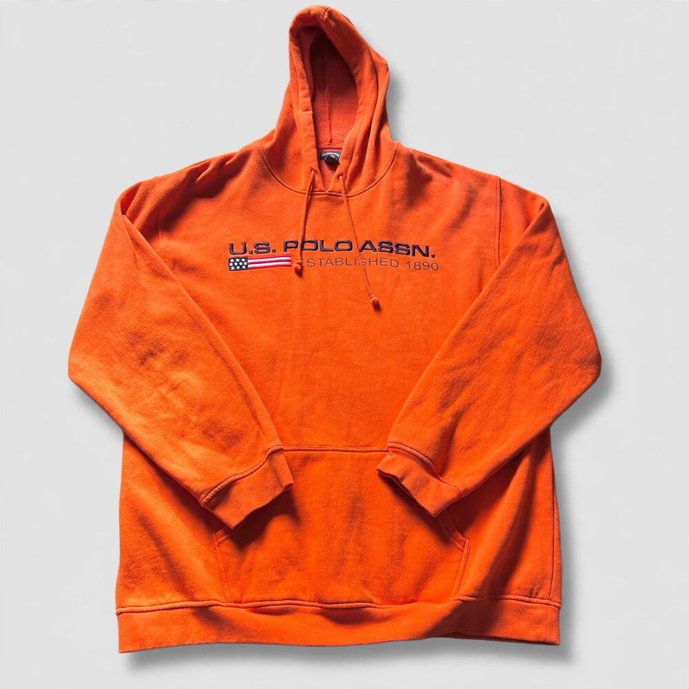 Vintage US Polo Assn Y2K Mens XL Baggy Grunge Punk Orange Hoodie Sweatshirt